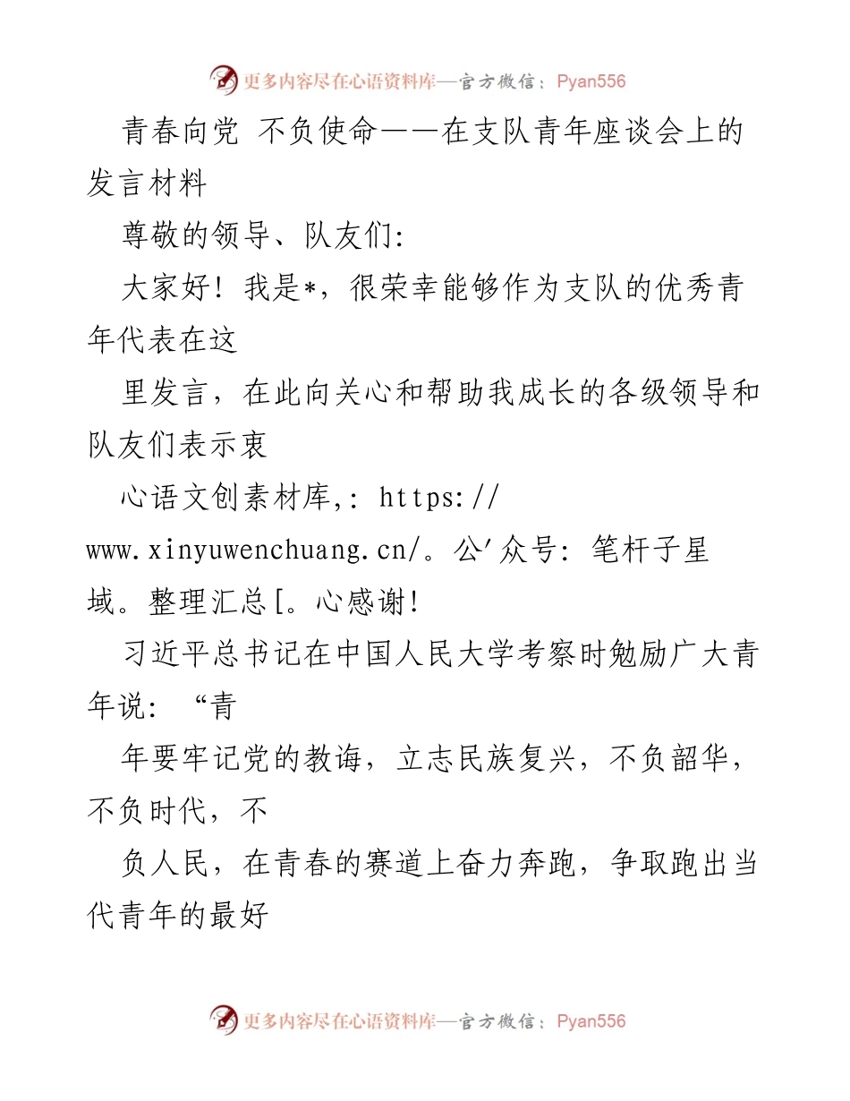[发言] 青年座谈会 - 青春向党，勇于逐梦与坚守使命.docx_第1页