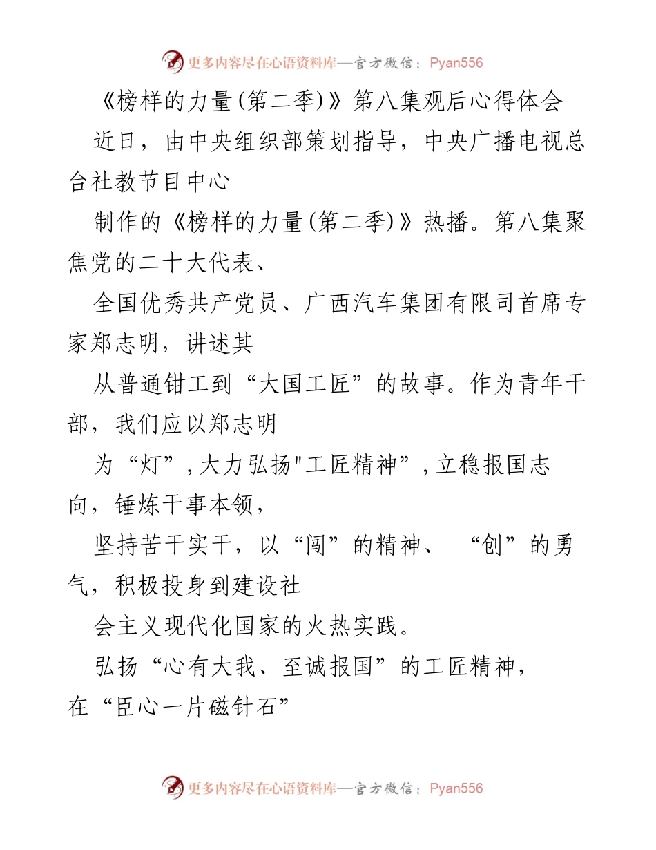 [发言] 青年干部学习活动 - 《榜样的力量：郑志明的工匠精神与青年干部的担当》.docx_第1页