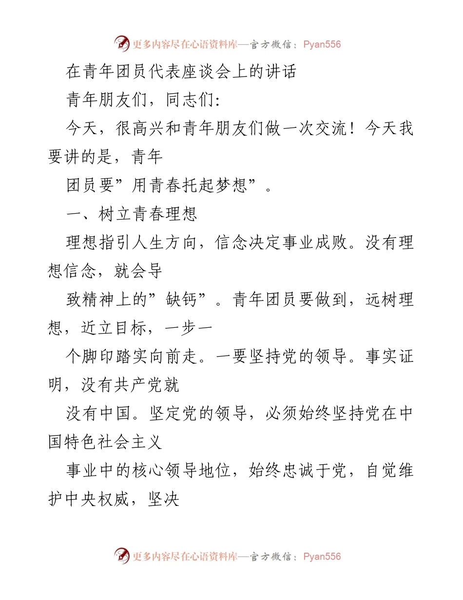 [发言] 青年团员代表座谈会 - 青年团员用青春托起梦想的号召.docx_第1页