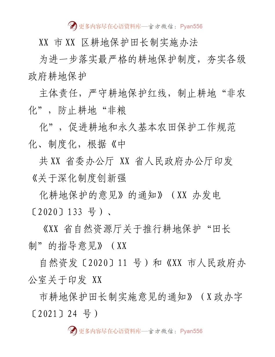 [实施办法] 耕地保护 - XX 区耕地保护田长制实施办法.docx_第1页