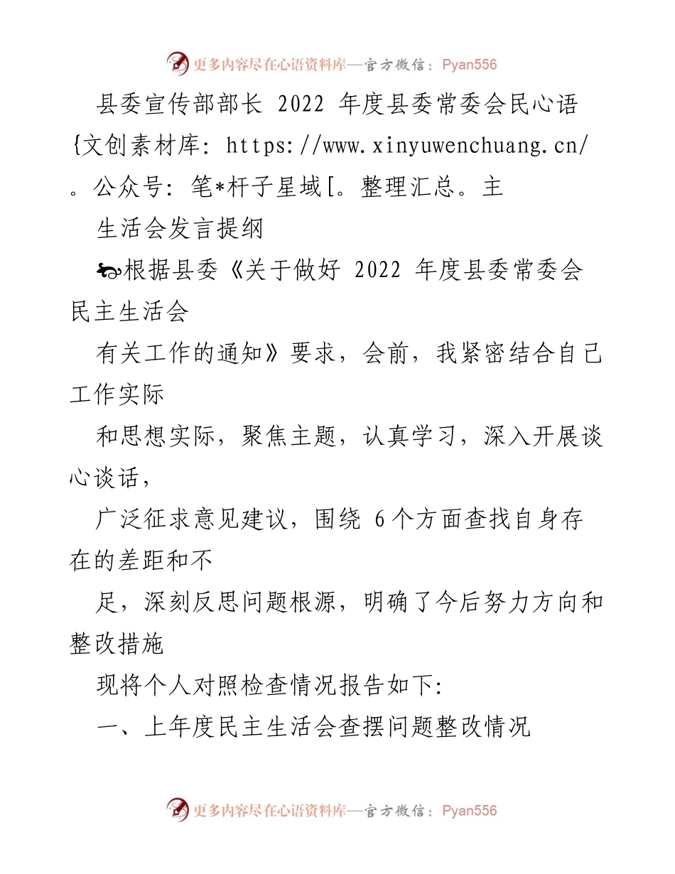 [发言提纲] 县委常委会民主生活会 - 2022年度民主生活会个人对照检查发言提纲.docx_第1页