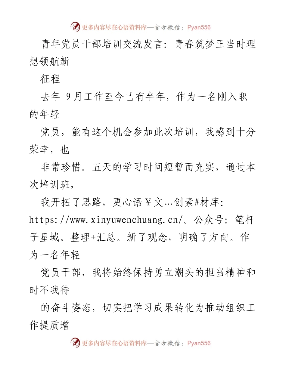 [发言] 青年党员干部培训 - 青春筑梦，理想领航新征程.docx_第1页