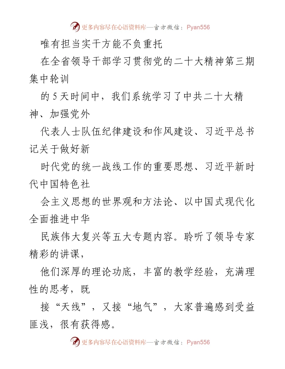 [发言] 领导干部学习贯彻党的二十大精神集中轮训 - 唯有担当实干，方能实现伟大复兴.docx_第1页