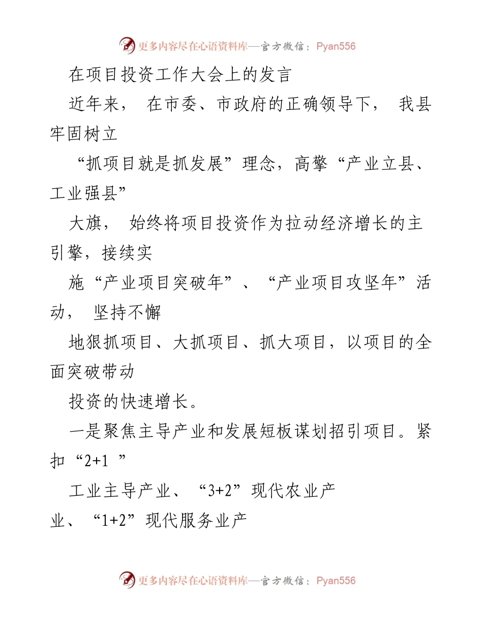 [发言] 项目投资工作大会 - 加快项目投资，推动经济高质量发展.docx_第1页