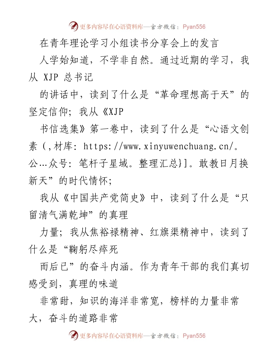 [发言] 青年理论学习小组读书分享会 - 青年干部的使命与担当.docx_第1页