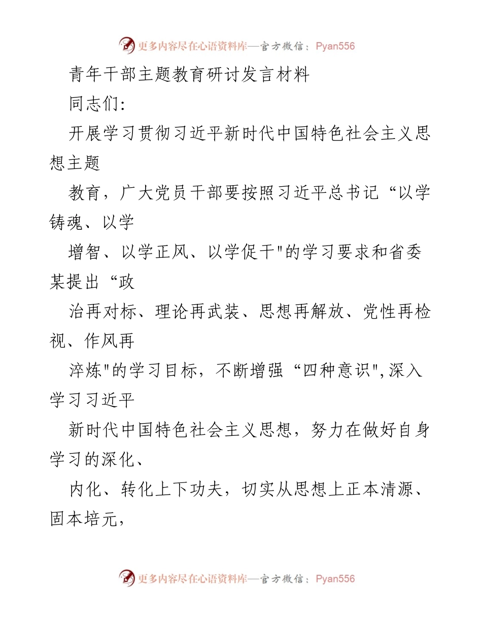 [发言] 青年干部主题教育研讨 - 深化学习贯彻习近平新时代中国特色社会主义思想的政治忠诚与理想信念.docx_第1页