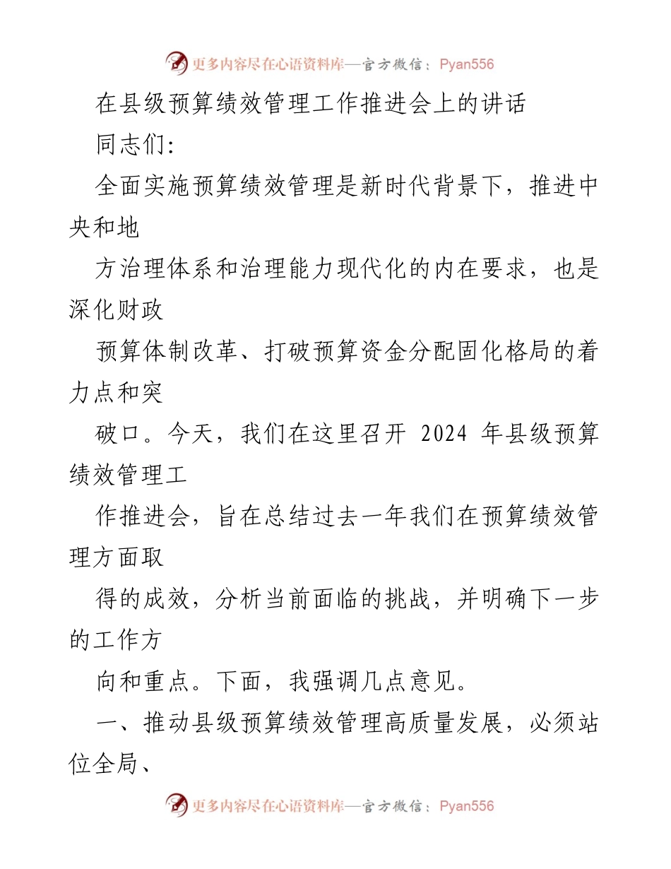 [发言] 预算绩效管理工作推进会 - 推动县级预算绩效管理高质量发展的重要性与实践探索.docx_第1页