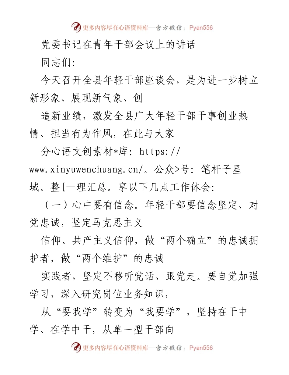 [发言] 青年干部会议 - 激发年轻干部干事创业热情的讲话.docx_第1页