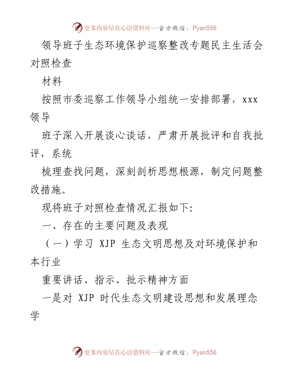 [发言] 领导班子生态环境保护巡察整改专题民主生活会 - 生态环境保护巡察整改中的问题与反思.docx_第1页