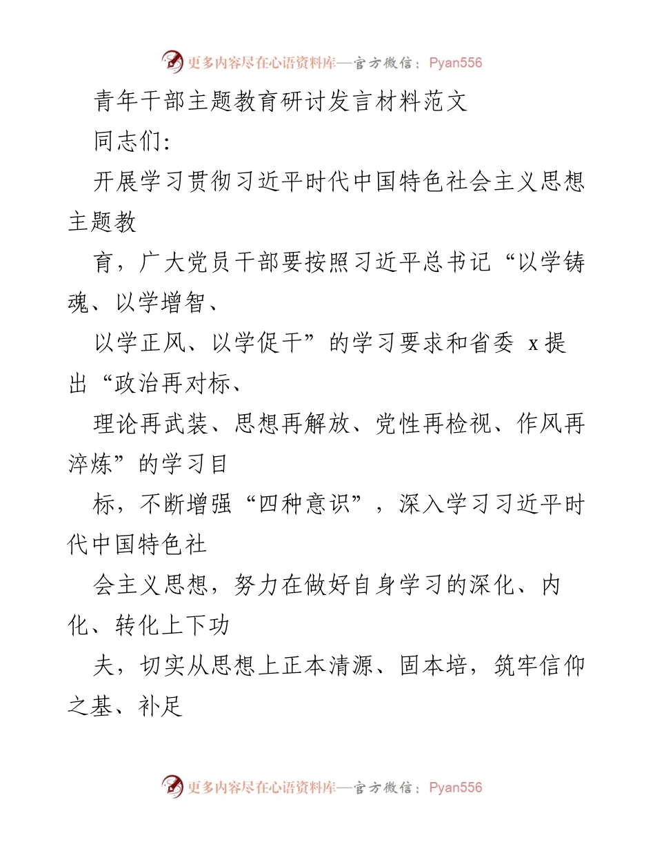 [发言] 青年干部主题教育研讨会 - 深化学习习近平新时代中国特色社会主义思想，增强政治忠诚与理想信念.docx_第1页