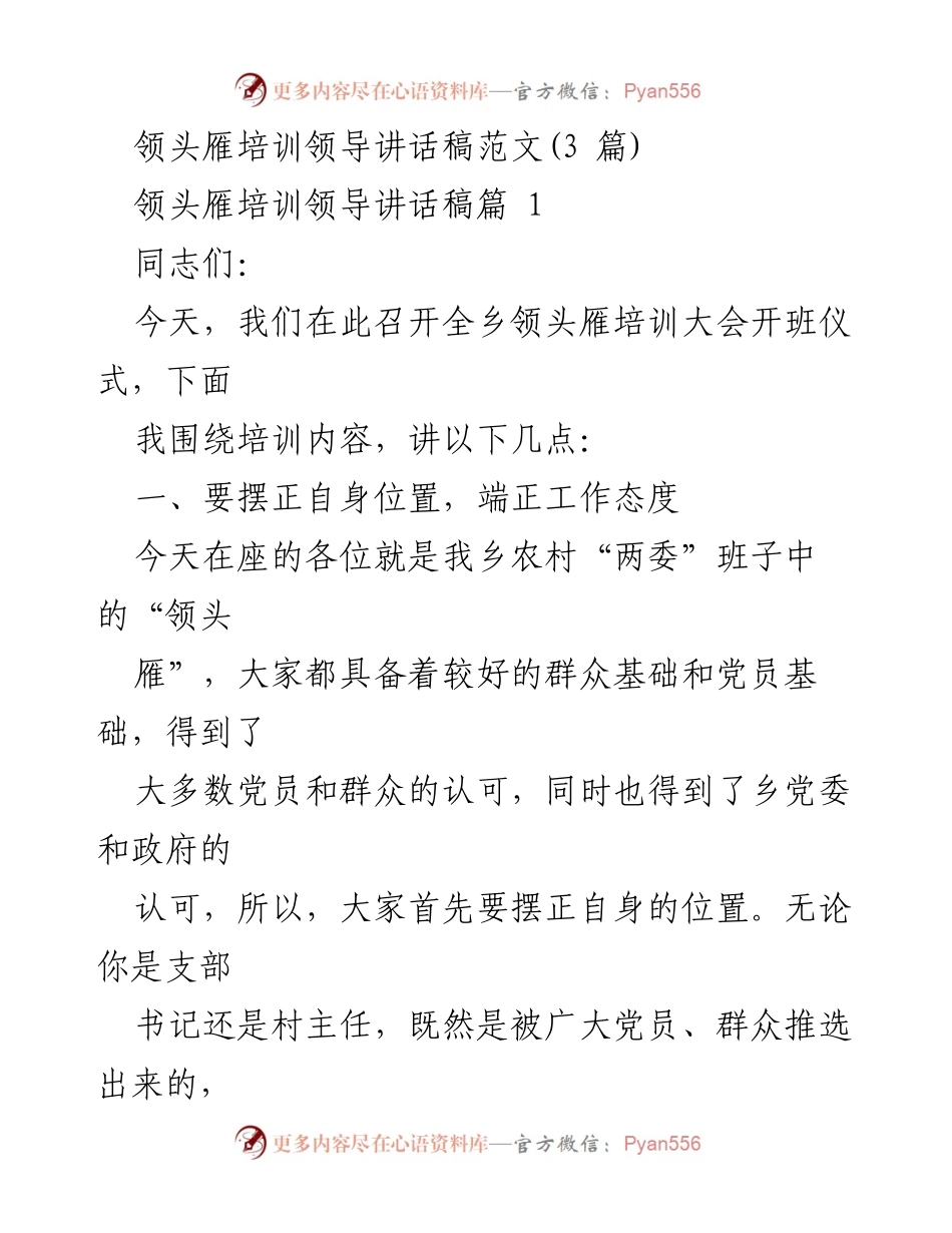 [发言] 领头雁培训大会 - 领导讲话：提升服务意识与班子团结.docx_第1页