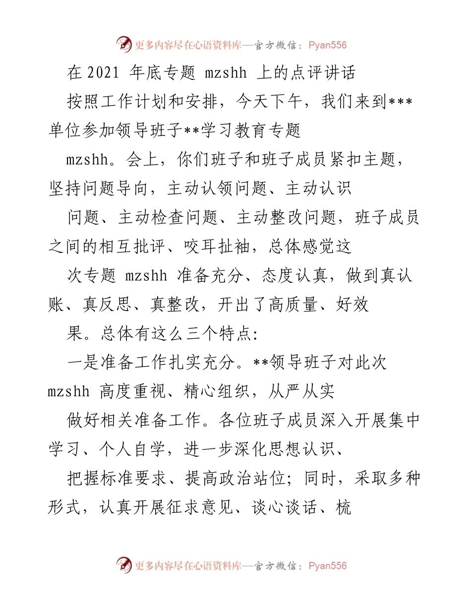 [发言] 领导班子学习教育专题 - 高质量专题 mzshh 点评与整改措施总结.docx_第1页