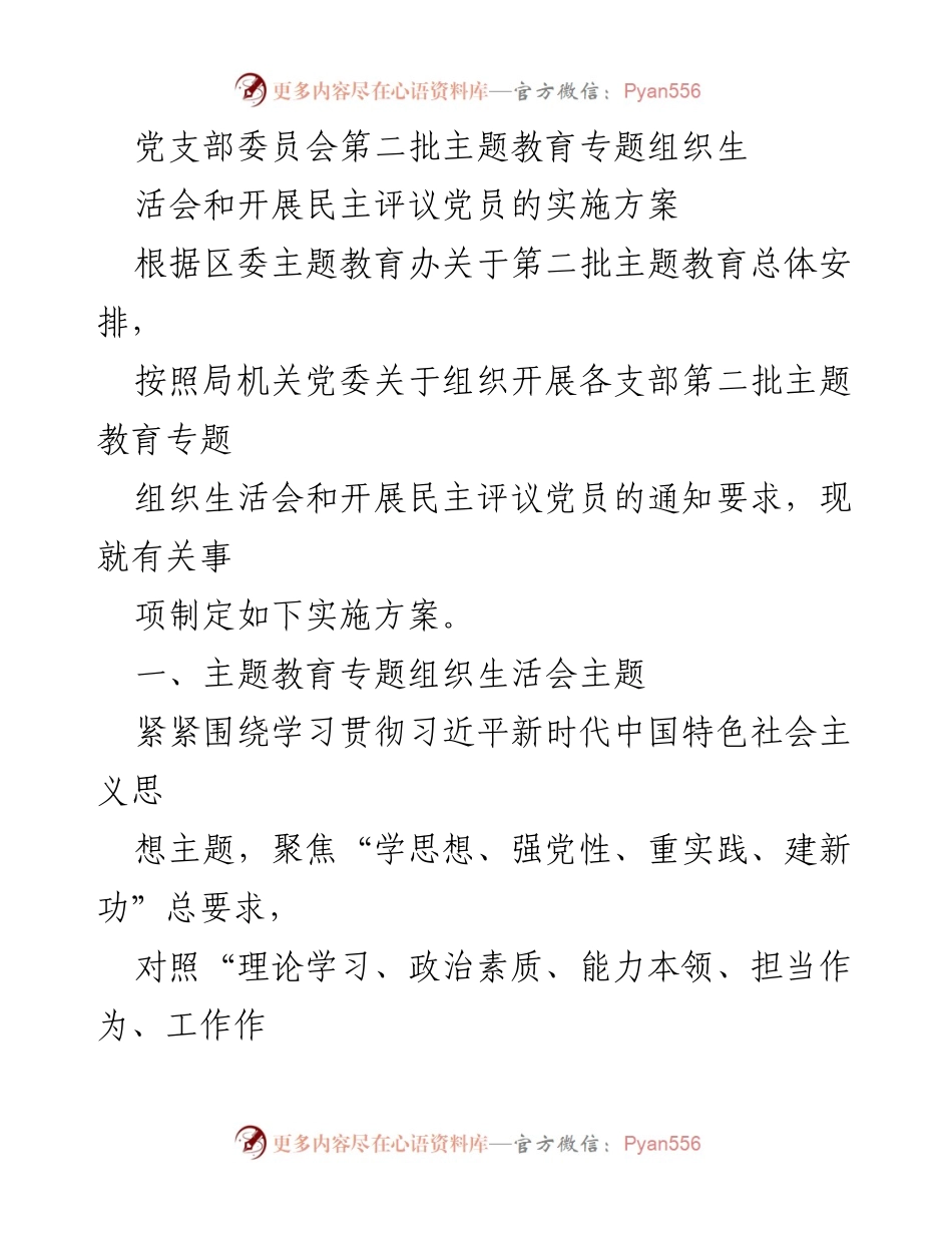 [实施方案] 党支部委员会 - 第二批主题教育专题组织生活会实施方案及民主评议党员指导意见.docx_第1页