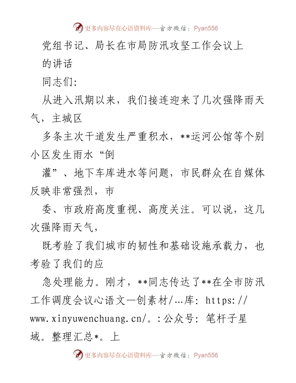 [发言] 防汛攻坚工作会议 - 加强防汛工作，确保城市安全.docx_第1页