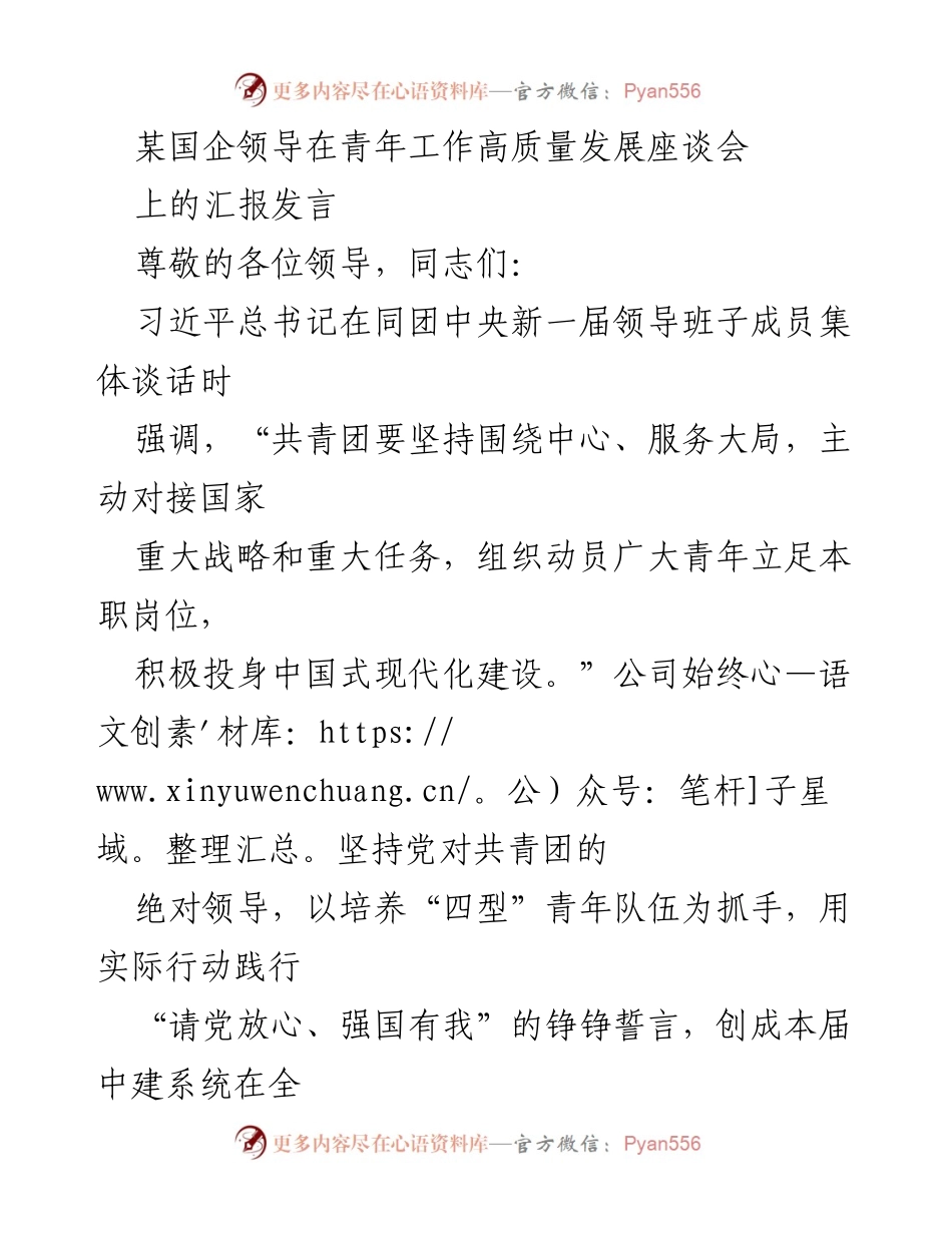 [发言] 青年工作高质量发展座谈会 - 强化青年队伍建设，助力中国式现代化.docx_第1页