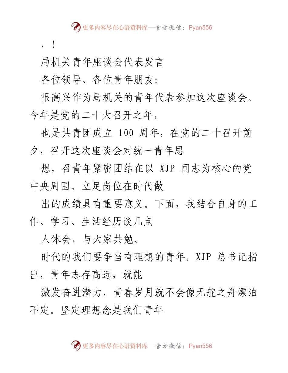 [发言] 青年代表在局机关座谈会上的发言要点.docx_第1页