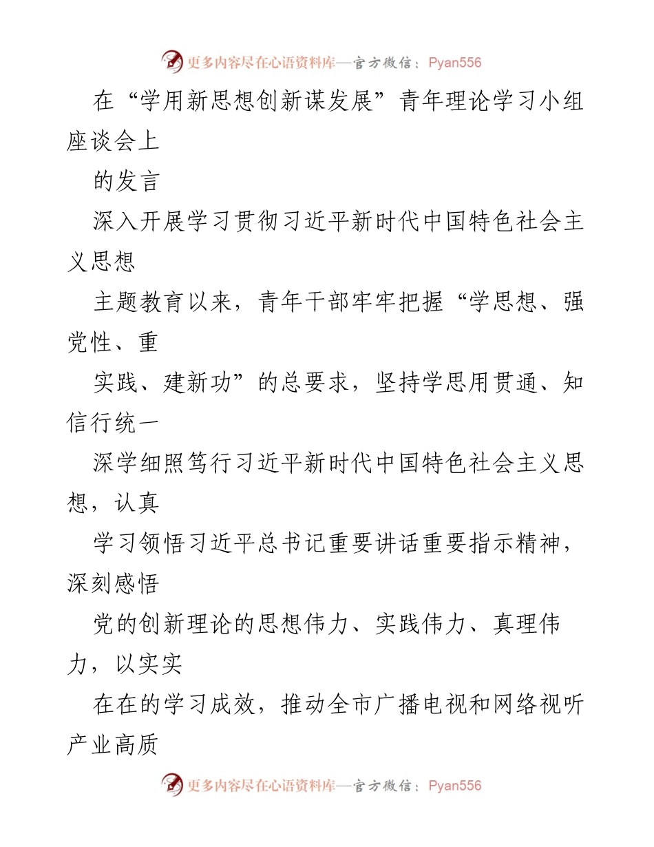 [发言] 青年理论学习小组座谈会 - 深入学习贯彻习近平新时代中国特色社会主义思想，推动广电事业高质量发展.docx_第1页