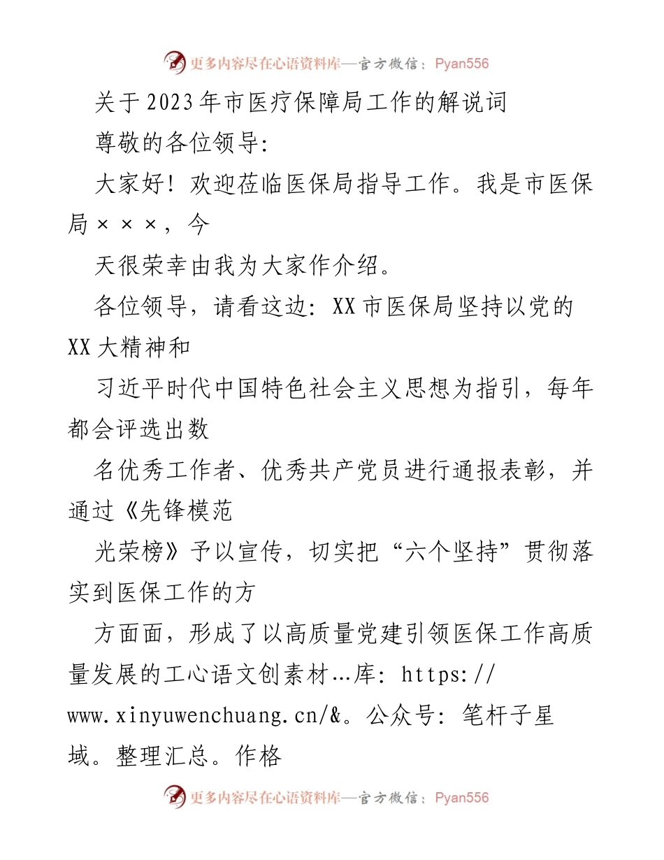 [发言] 领导指导会议 - 2023年市医疗保障局工作解说与党建引领概述.docx_第1页
