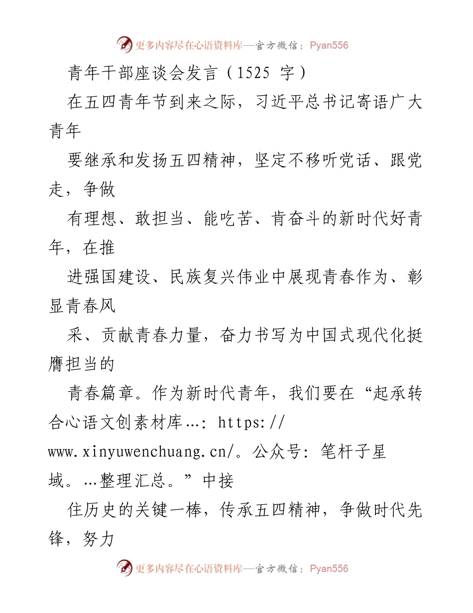 [发言] 青年干部座谈会 - 青春担当：传承五四精神，奋力书写中国梦.docx_第1页