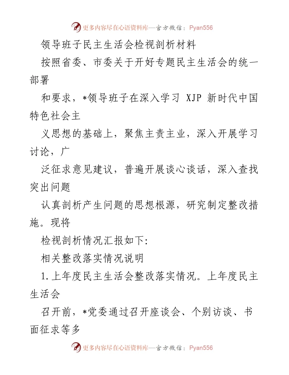 [发言] 领导班子民主生活会 - 领导班子民主生活会检视与整改汇报.docx_第1页