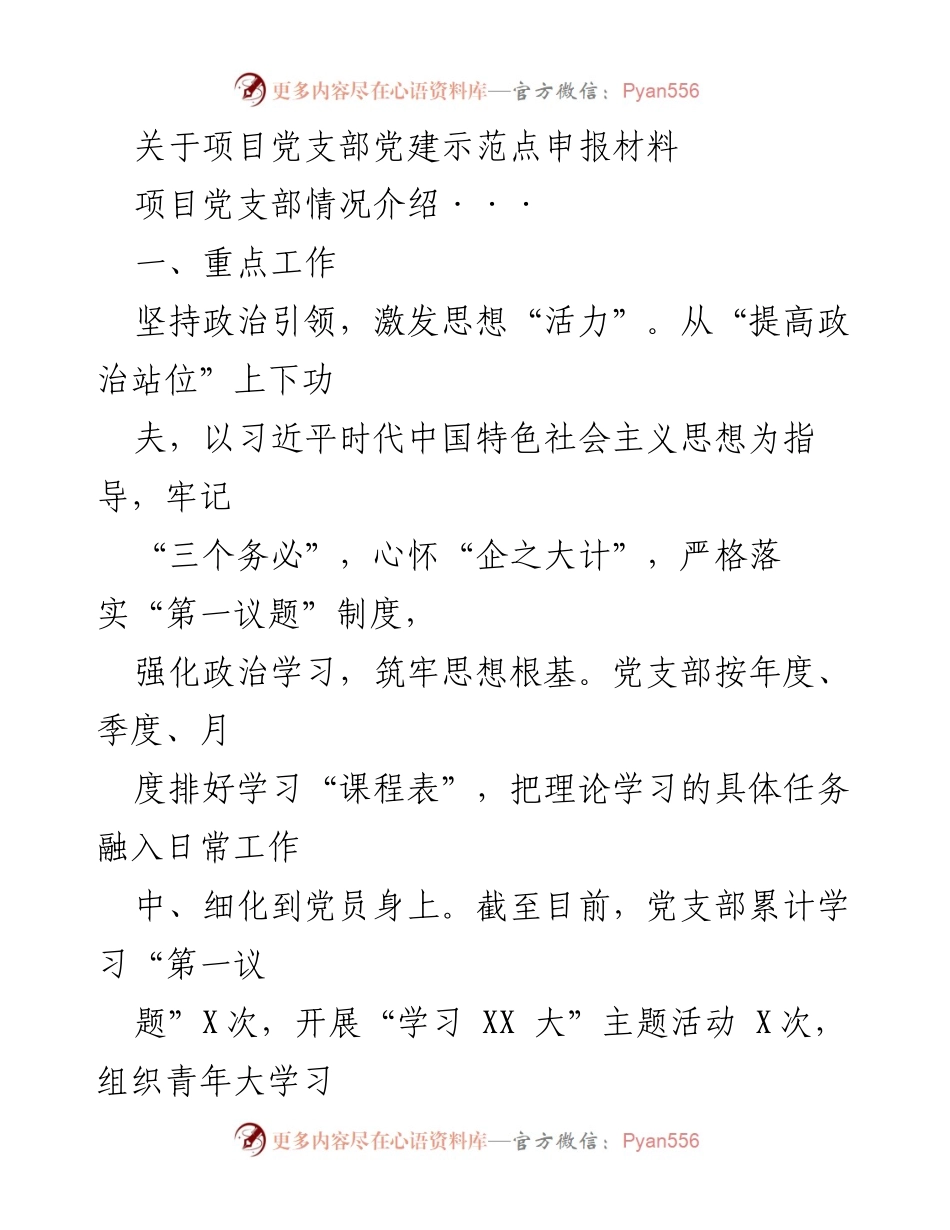 [发言] 项目党支部党建示范点申报 - 项目党支部党建工作经验分享.docx_第1页