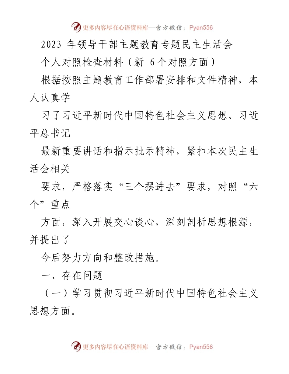 [发言] 领导干部主题教育专题民主生活会 - 个人对照检查材料总结与整改措施.docx_第1页