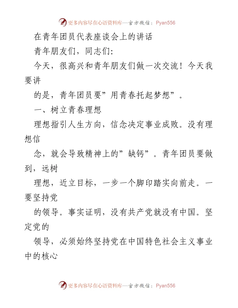 [发言] 青年团员代表座谈会 - 用青春托起梦想的号召.docx_第1页