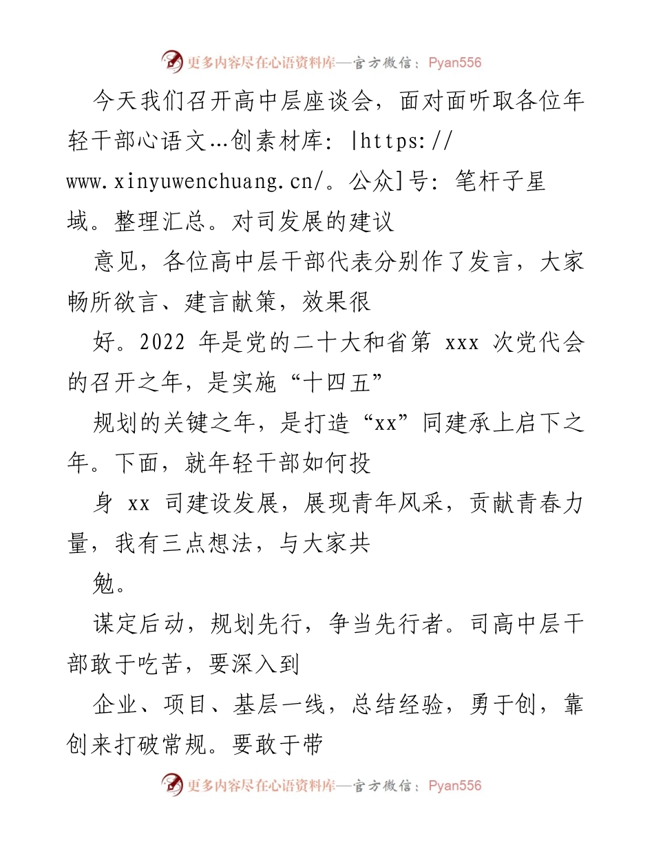 [发言] 高层座谈会 - 青年干部助力司发展发言总结.docx_第1页