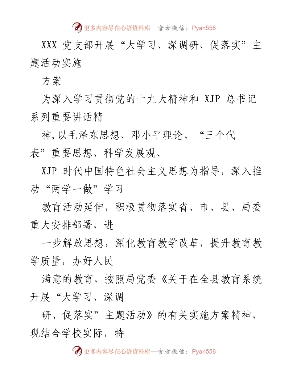 [实施方案] 党支部活动 - “大学习、深调研、促落实”主题活动实施方案.docx_第1页