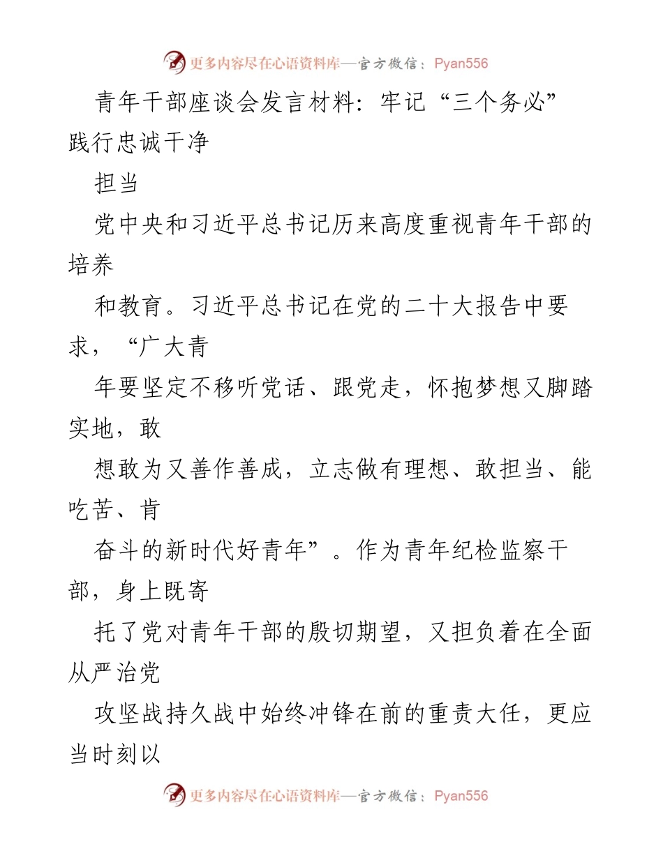 [发言] 青年干部座谈会 - 牢记“三个务必”，践行忠诚干净担当_2.docx_第1页