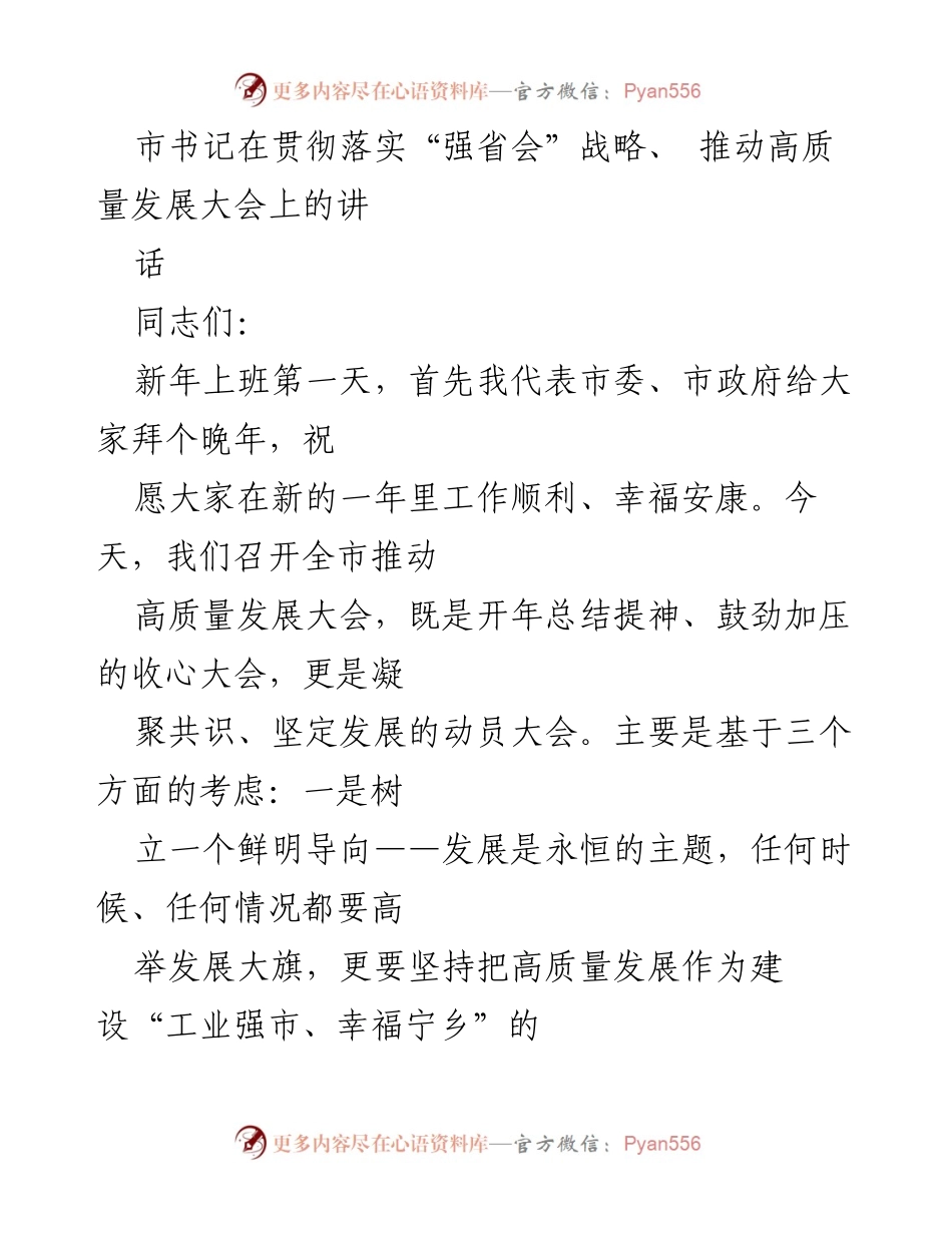 [发言] 高质量发展大会 - 市书记在推动高质量发展大会上的讲话_1.docx_第1页