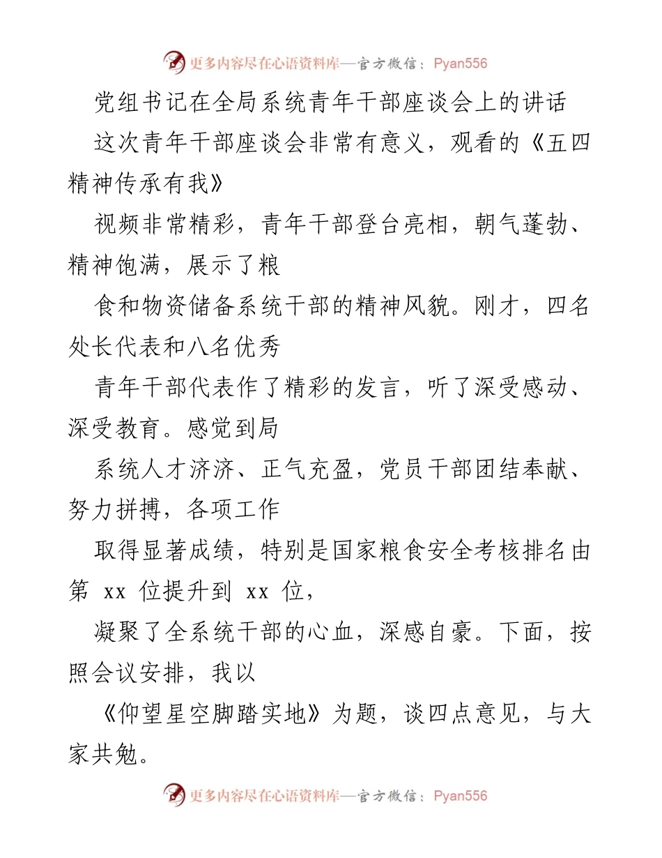 [发言] 青年干部座谈会 - 《仰望星空脚踏实地：青年干部的理想与信念》.docx_第1页