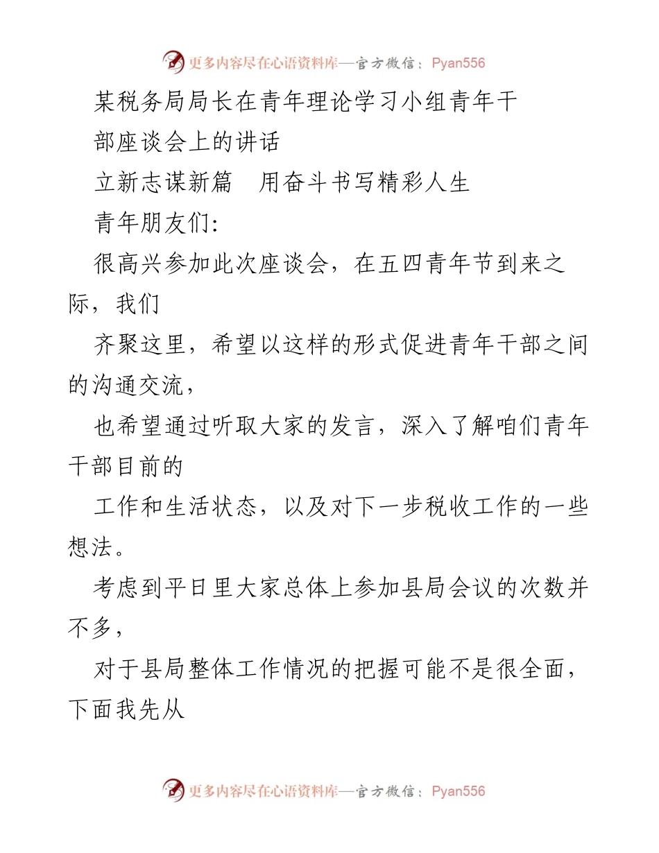 [发言] 青年干部座谈会 - 激发青年力量，共创税务新篇.docx_第1页