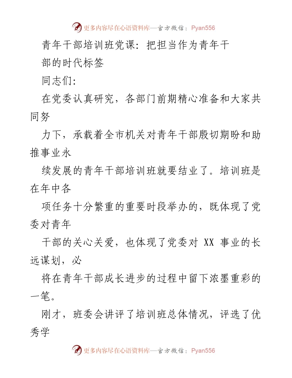 [发言] 青年干部培训班 - 青年干部的担当与成长.docx_第1页