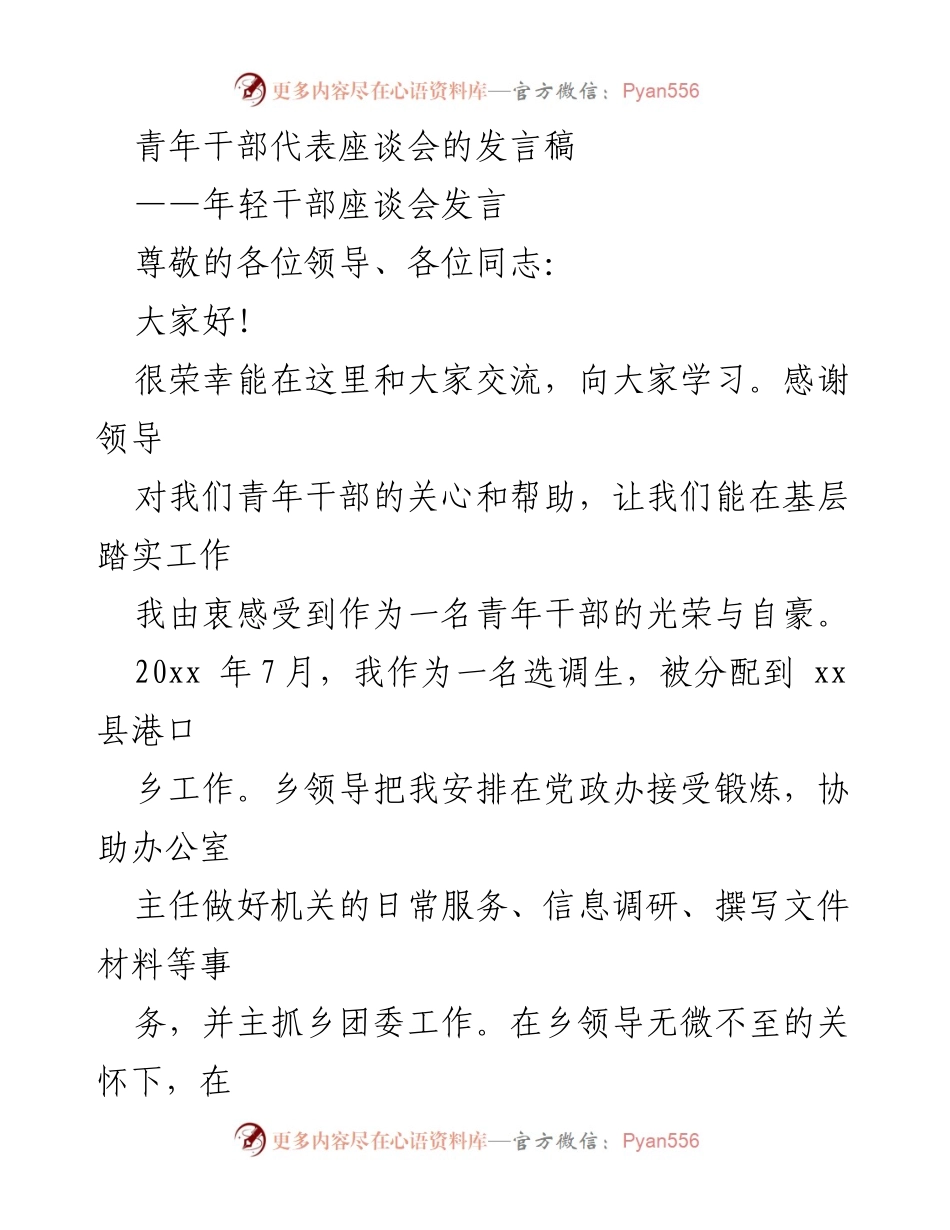 [发言稿] 青年干部座谈会 - 坚持理想与原则：青年干部的成长之路.docx_第1页