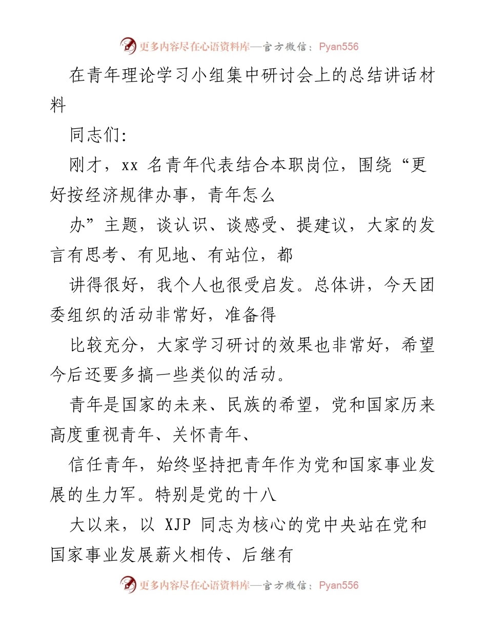 [发言] 青年理论学习小组集中研讨会 - 总结讲话：引领青年成长的时代使命与责任.docx_第1页