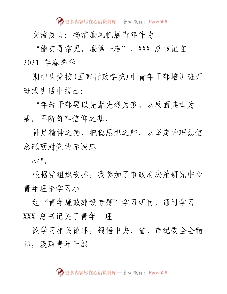 [发言] 青年干部培训班 - 扬清廉风帆，展现青年担当.docx_第1页