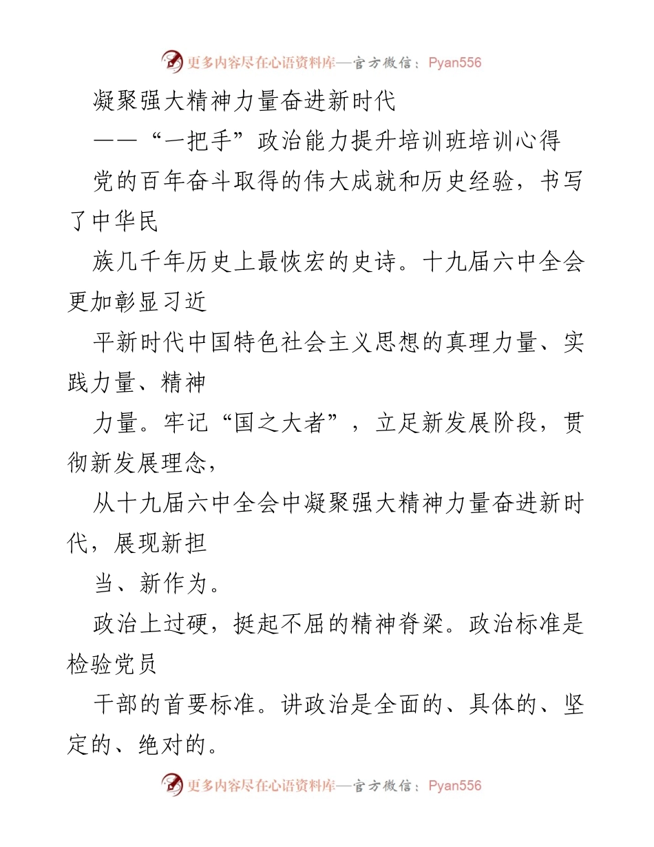 [培训心得] 政治能力提升培训班 - 凝聚精神力量，奋进新时代.docx_第1页