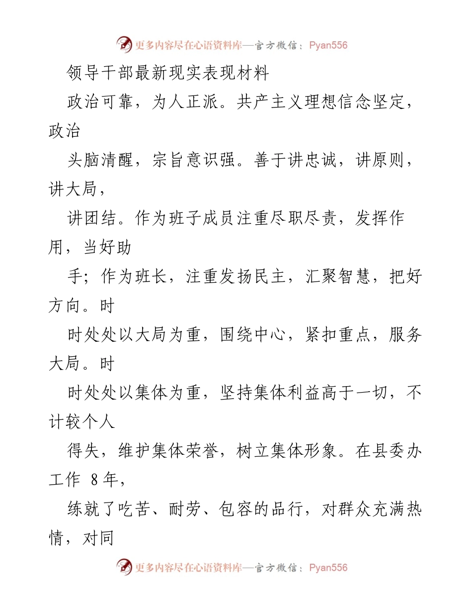 [发言] 领导干部表现总结 - 领导干部现实表现与工作成就汇报.docx_第1页