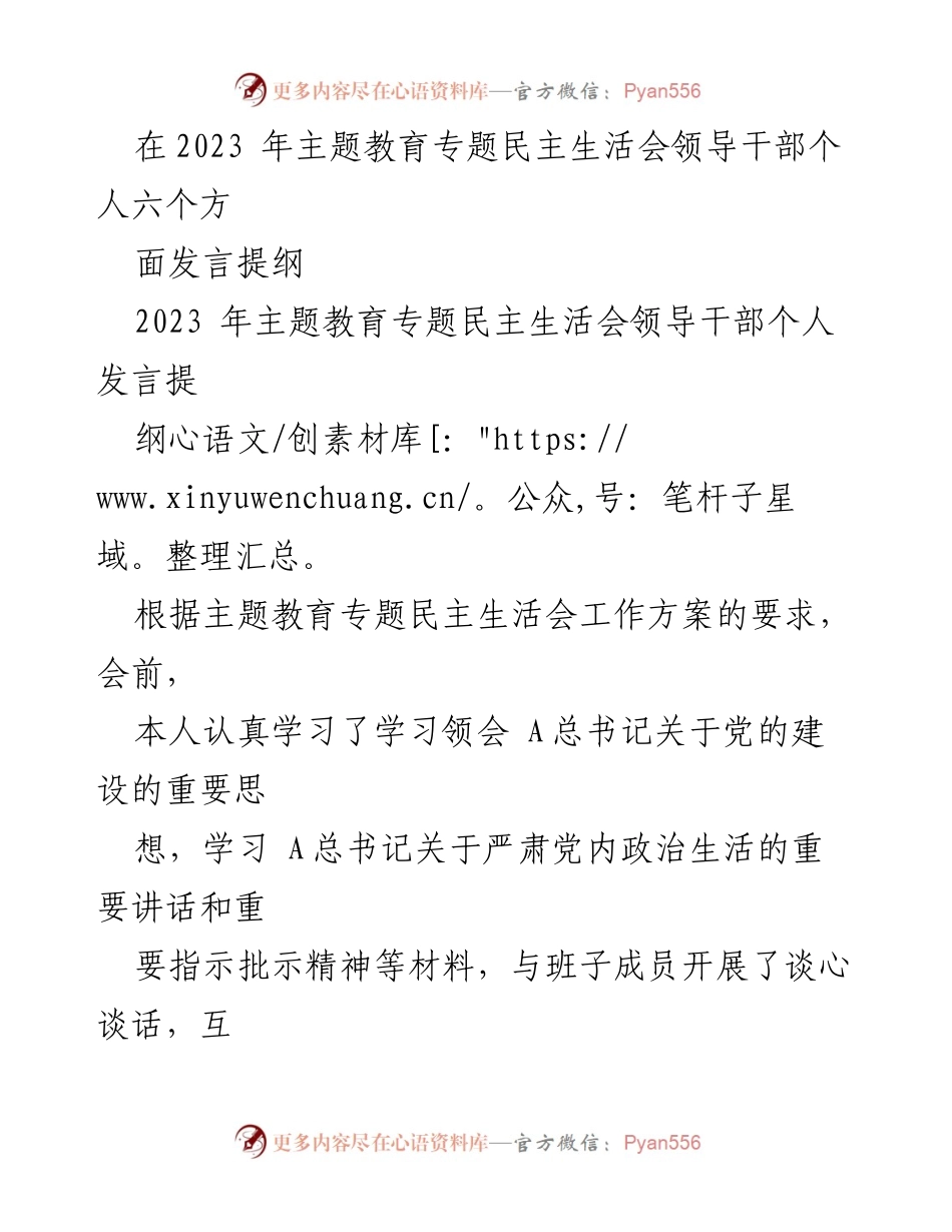 [发言提纲] 主题教育专题民主生活会 - 领导干部个人发言检视与整改措施.docx_第1页