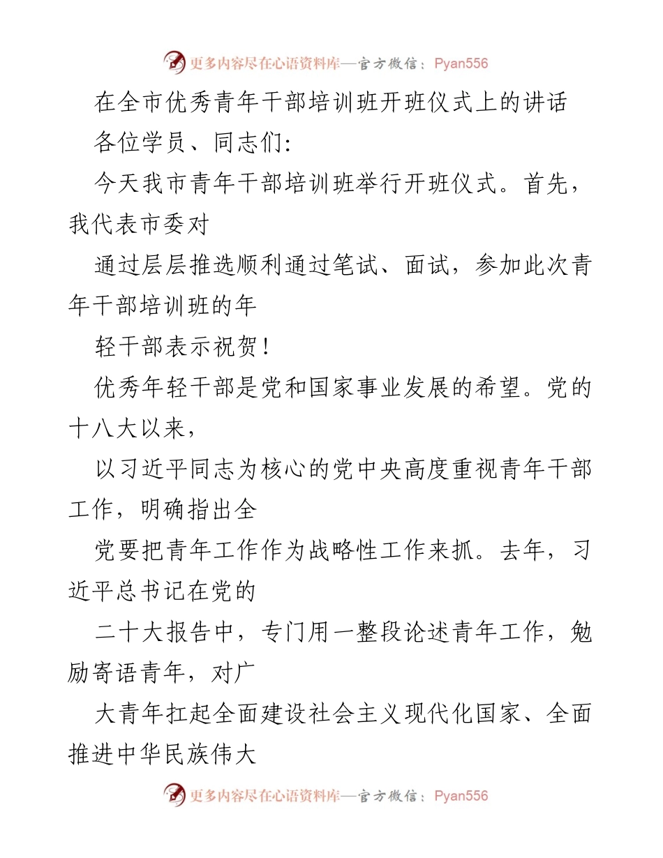 [发言] 青年干部培训班开班仪式 - 在新时代背景下培育优秀青年干部的重要性与要求.docx_第1页