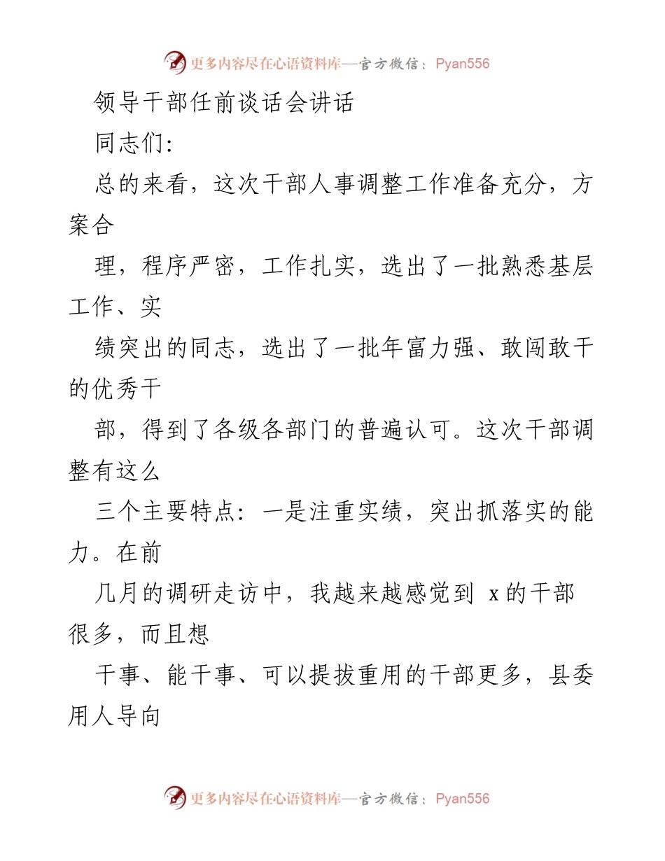 [发言] 领导干部任前谈话会 - 加强干部选拔与责任担当的讲话.docx_第1页