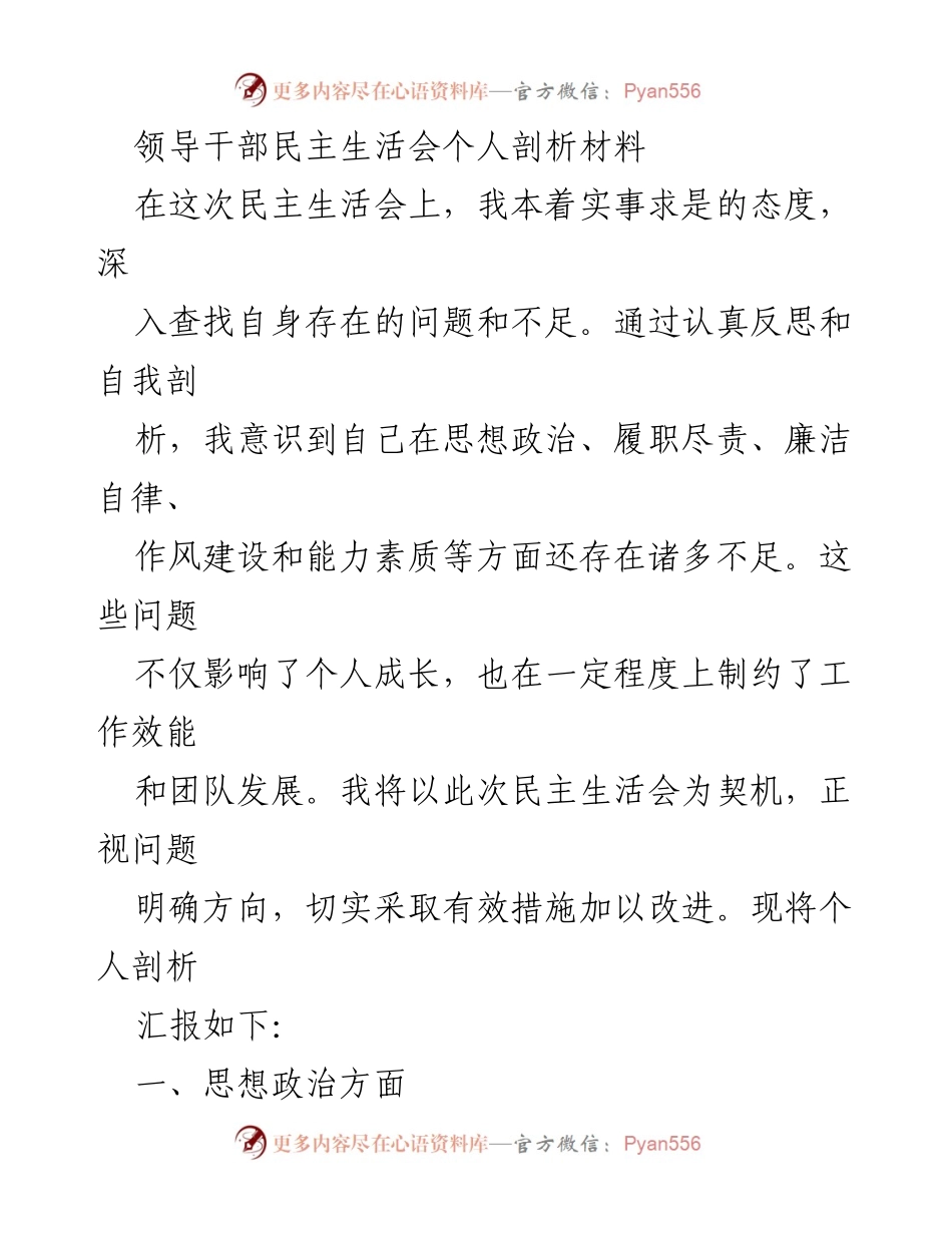 [发言] 领导干部民主生活会 - 个人剖析与自我反思报告.docx_第1页