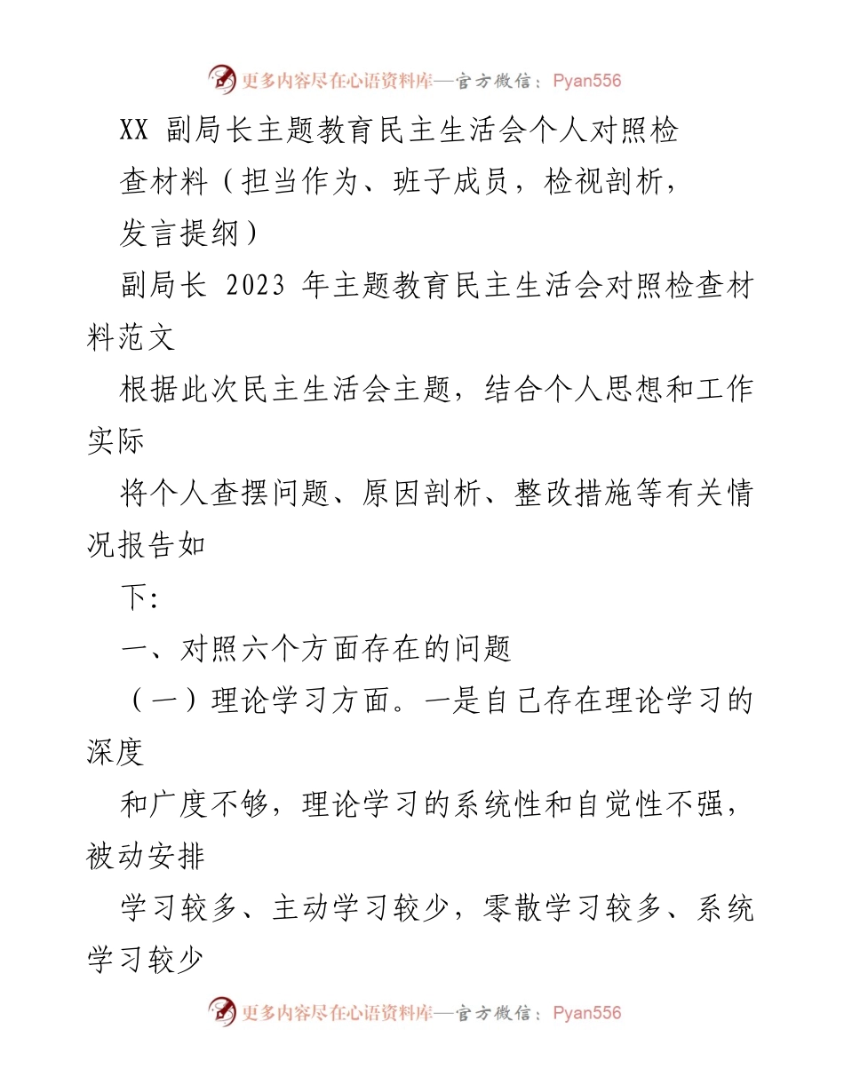 [发言提纲] 主题教育民主生活会 - 副局长个人对照检查材料分析.docx_第1页