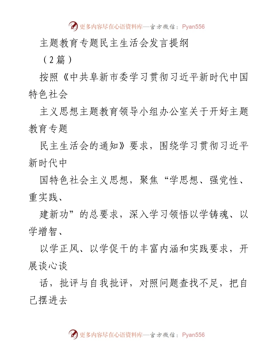 [发言提纲] 主题教育专题民主生活会 - 深化学习贯彻习近平新时代中国特色社会主义思想的反思与整改.docx_第1页