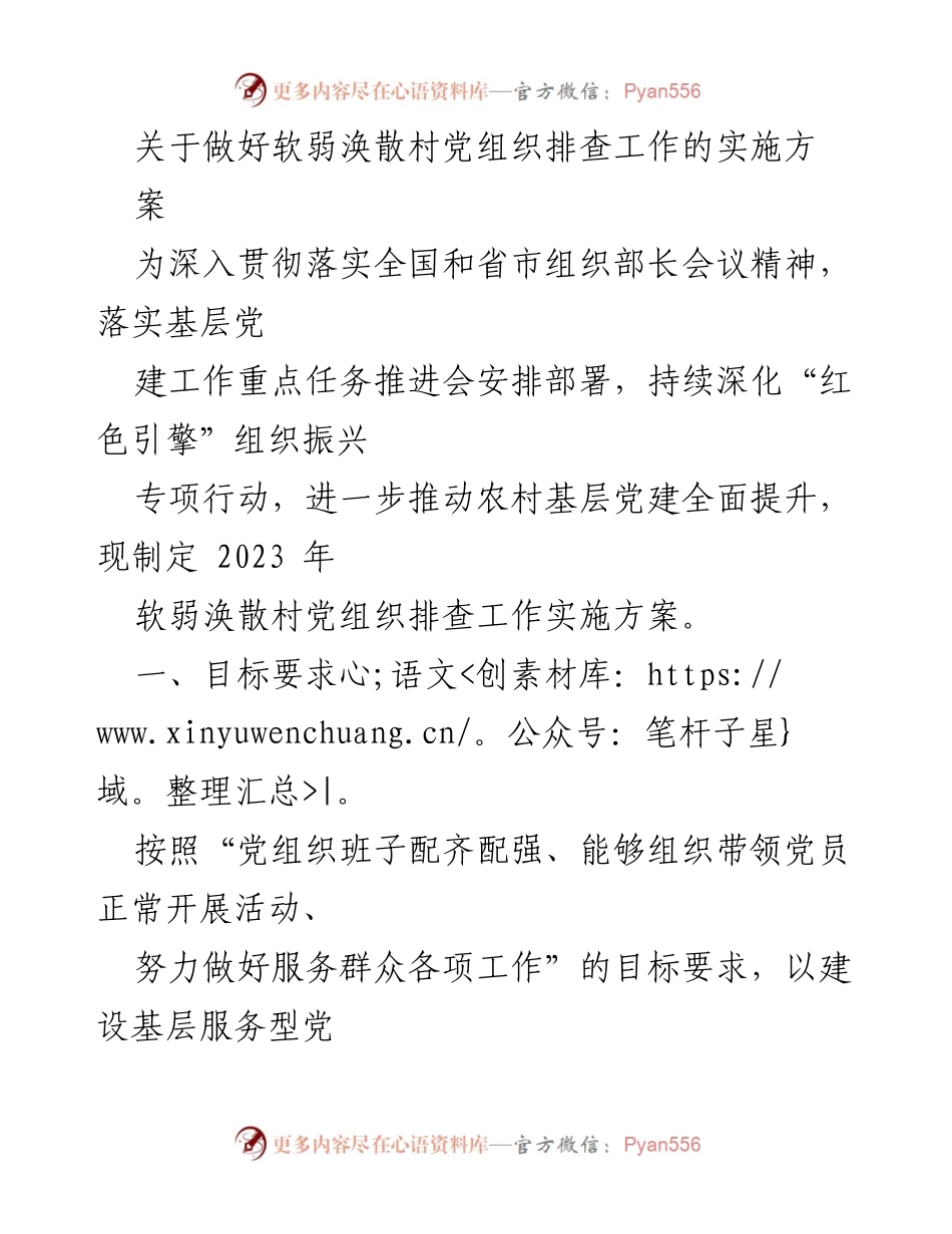 [实施方案] 党组织建设 - 软弱涣散村党组织排查工作实施方案.docx_第1页