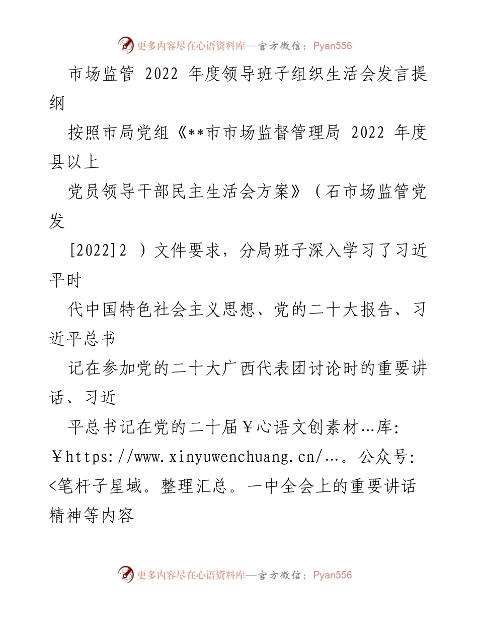 [发言提纲] 组织生活会 - 2022年度市场监管领导班子民主生活会发言要点.docx_第1页