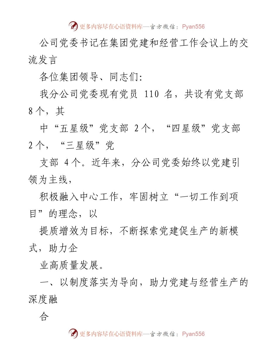 [发言] 集团党建和经营工作会议 - 党建引领高质量发展：分公司党委书记的交流发言.docx_第1页