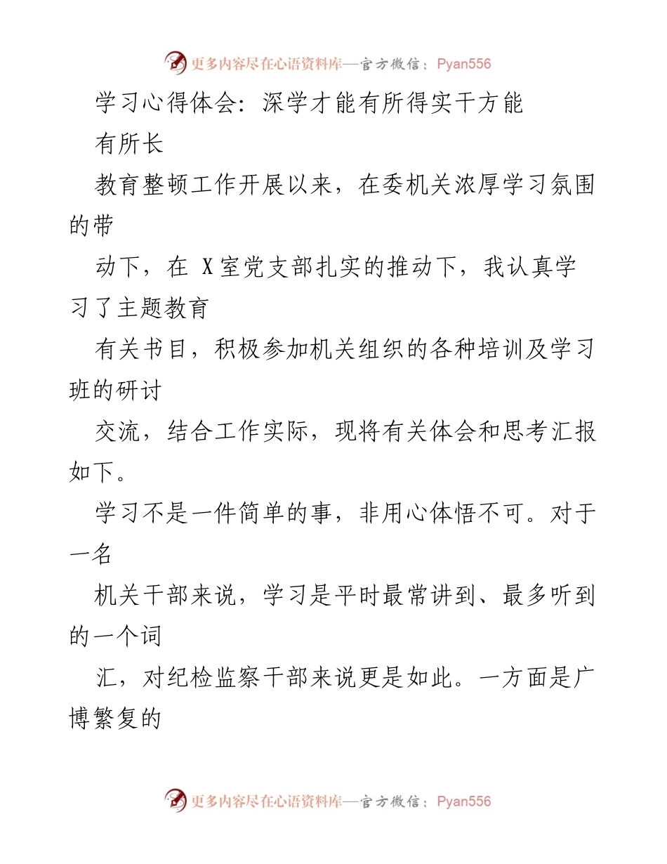 [学习心得] 教育整顿工作 - 深学实干：纪检监察干部的学习体会.docx_第1页