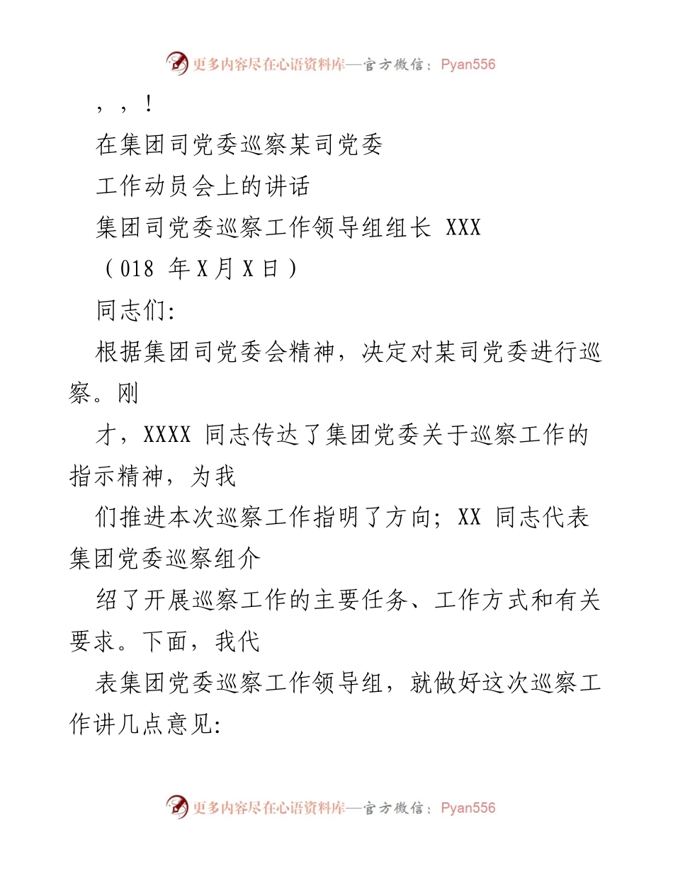 [发言] 集团党委巡察某司党委工作动员会讲话.docx_第1页